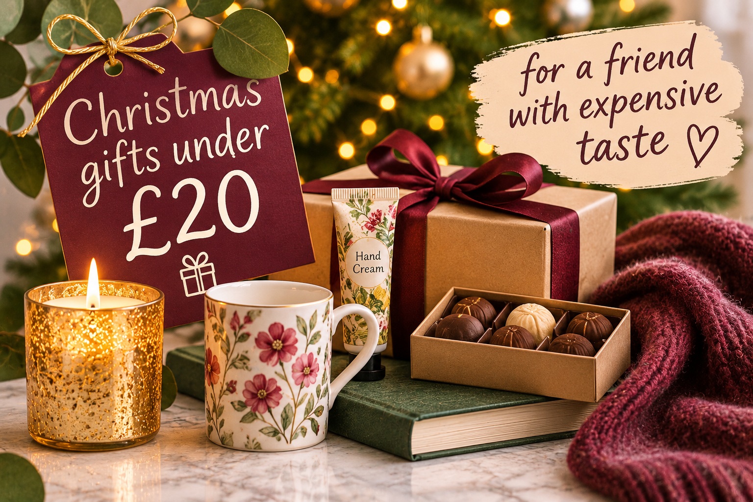 Christmas gifts under £20 including chocolates, a floral mug, hand cream and a candle, arranged with festive wrapping and decorations.