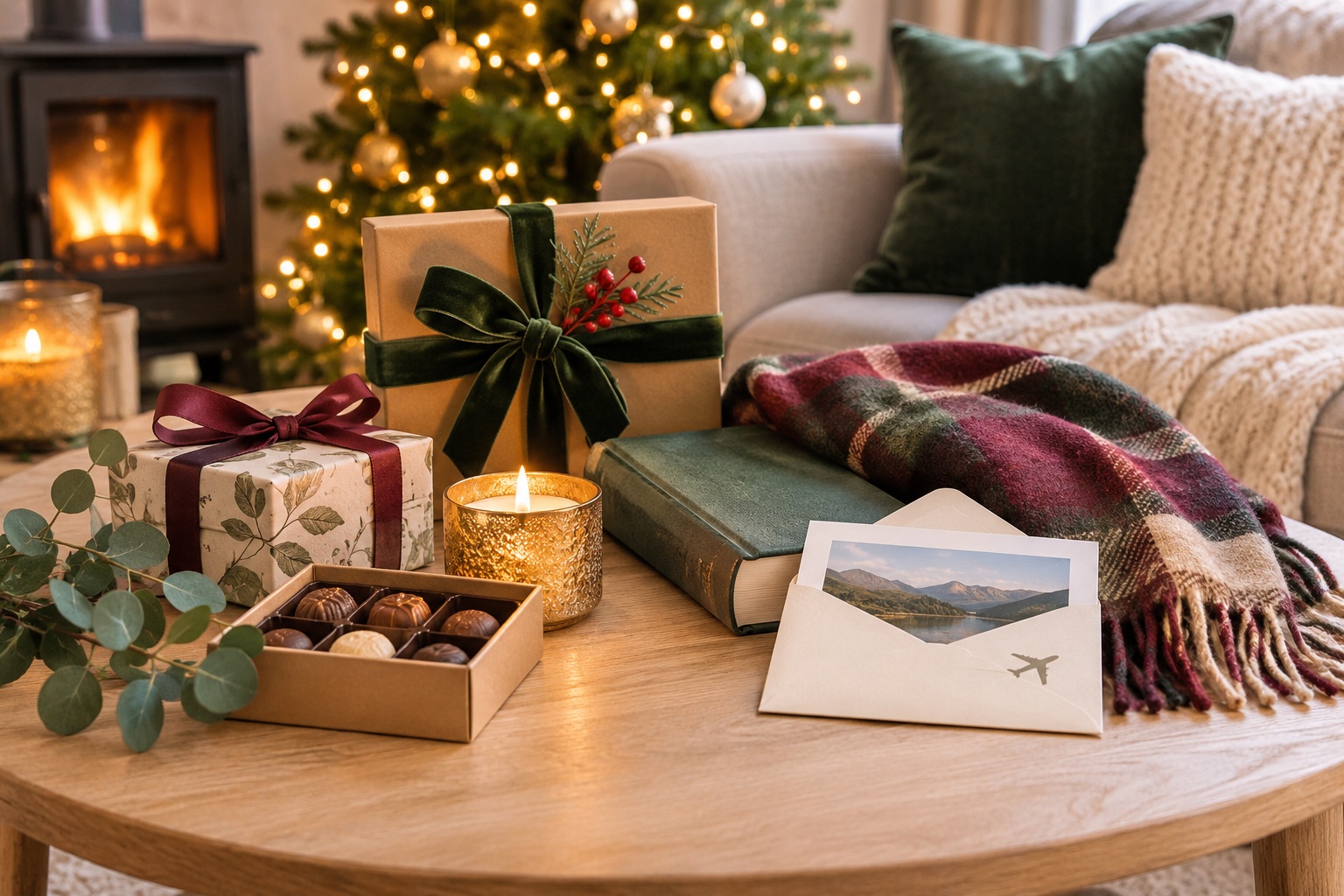 Wrapped Christmas gifts, chocolates, a book and cosy accessories arranged beside a festive tree and fireplace.
