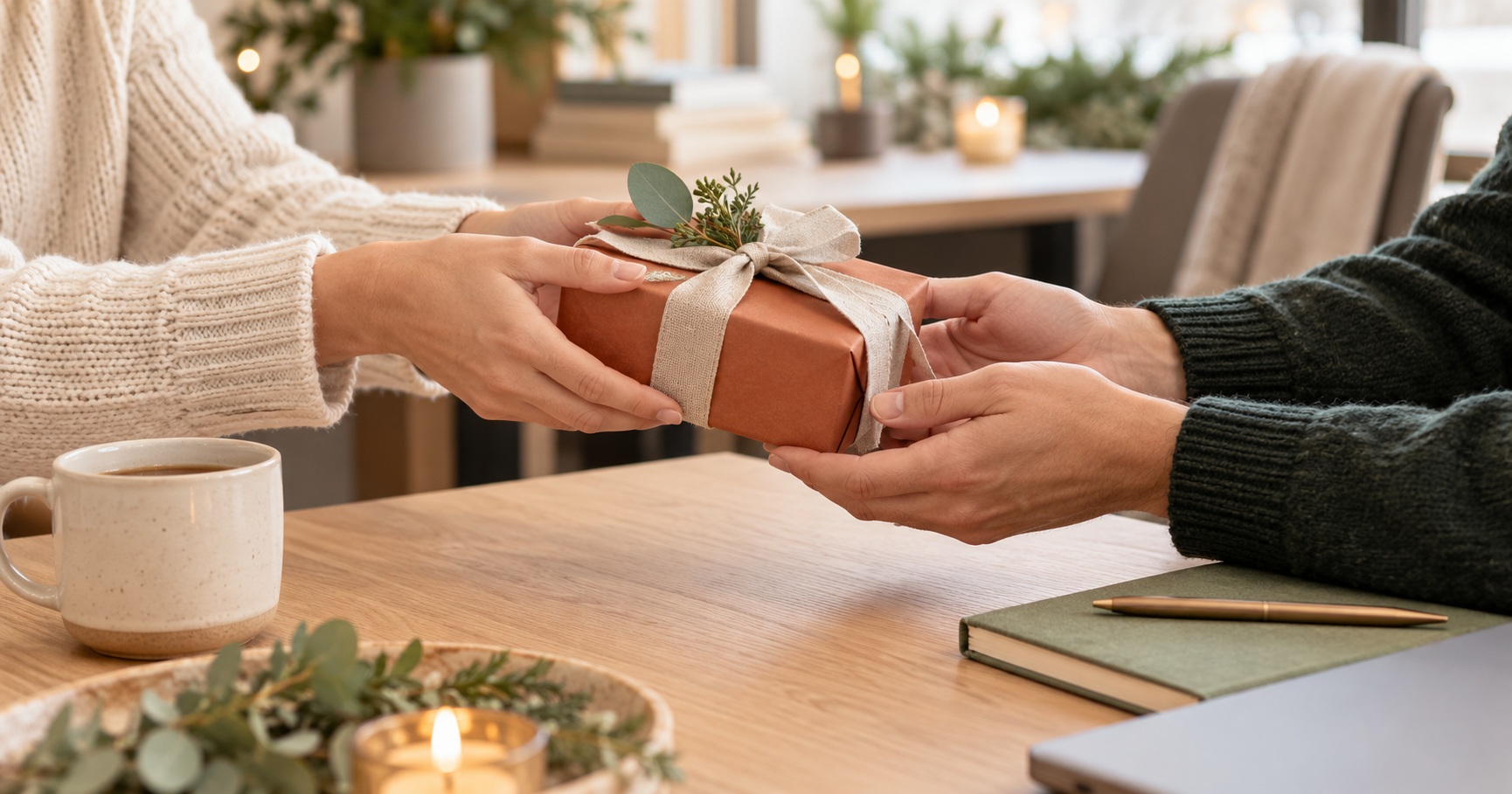 Two colleagues exchanging a small terracotta-wrapped Christmas gift across a desk.