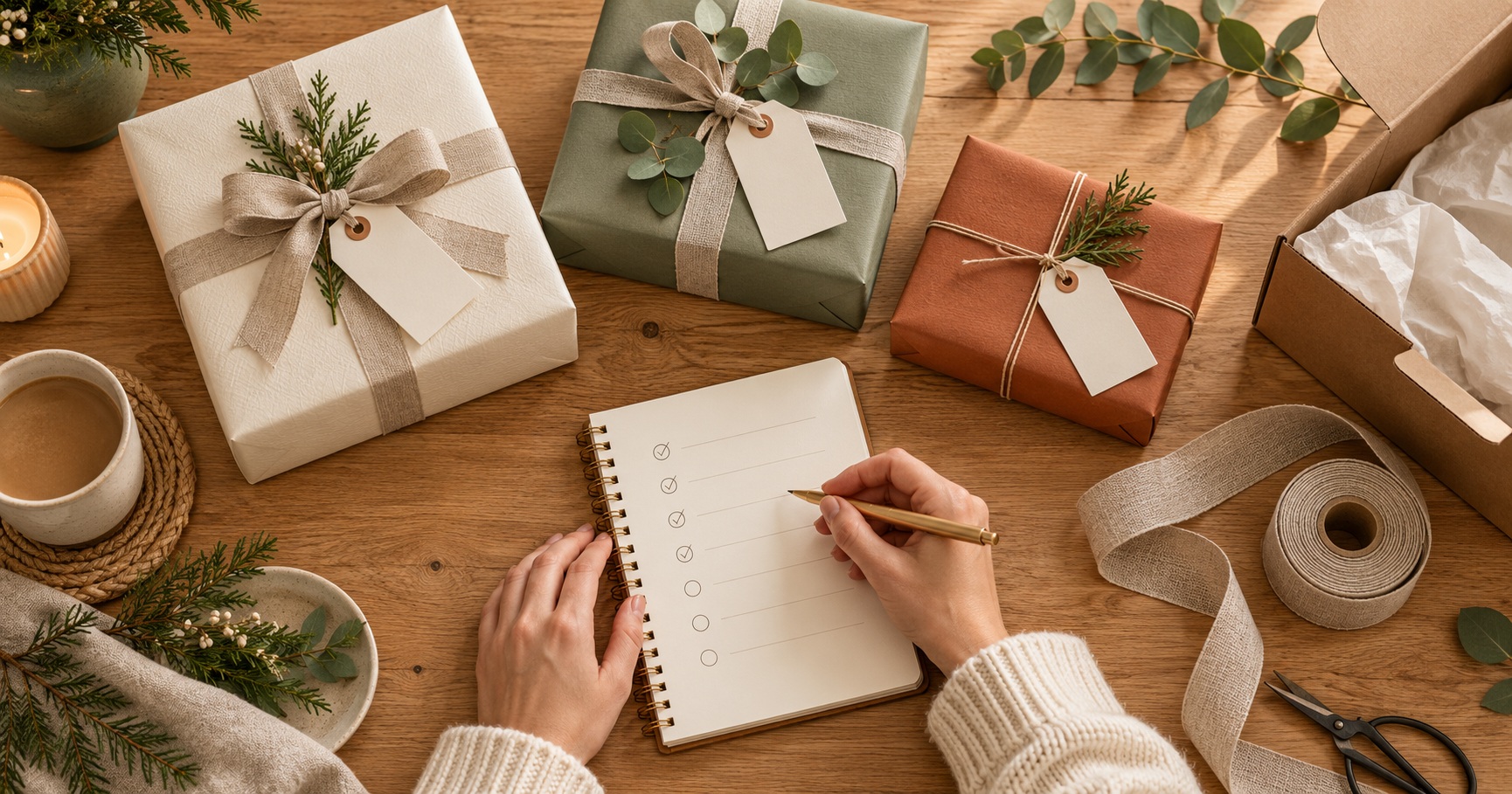 A person writing a Christmas gift checklist beside wrapped presents and evergreen sprigs.