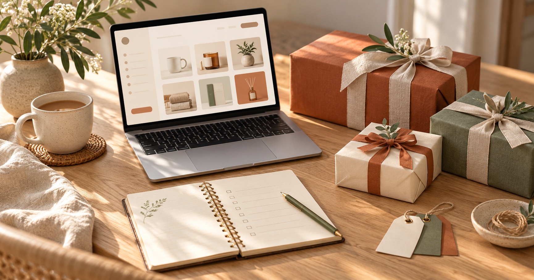 Gift planning notebook beside a laptop and presents wrapped in terracotta, cream and sage paper.