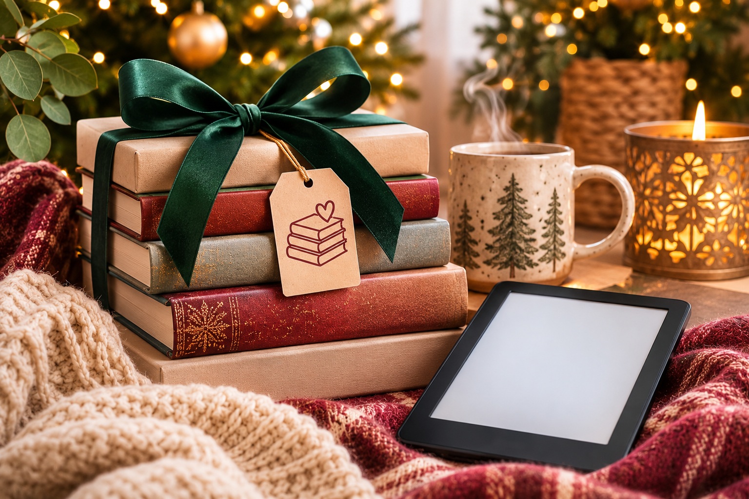 Christmas gifts for book lovers featuring a stack of books tied with a green ribbon, an e-reader and a festive mug beside a Christmas tree.