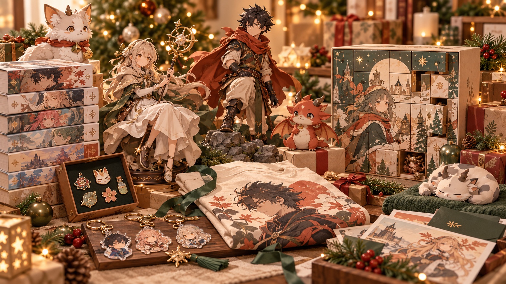 Anime figures, manga books, character accessories and an advent calendar arranged with Christmas gifts