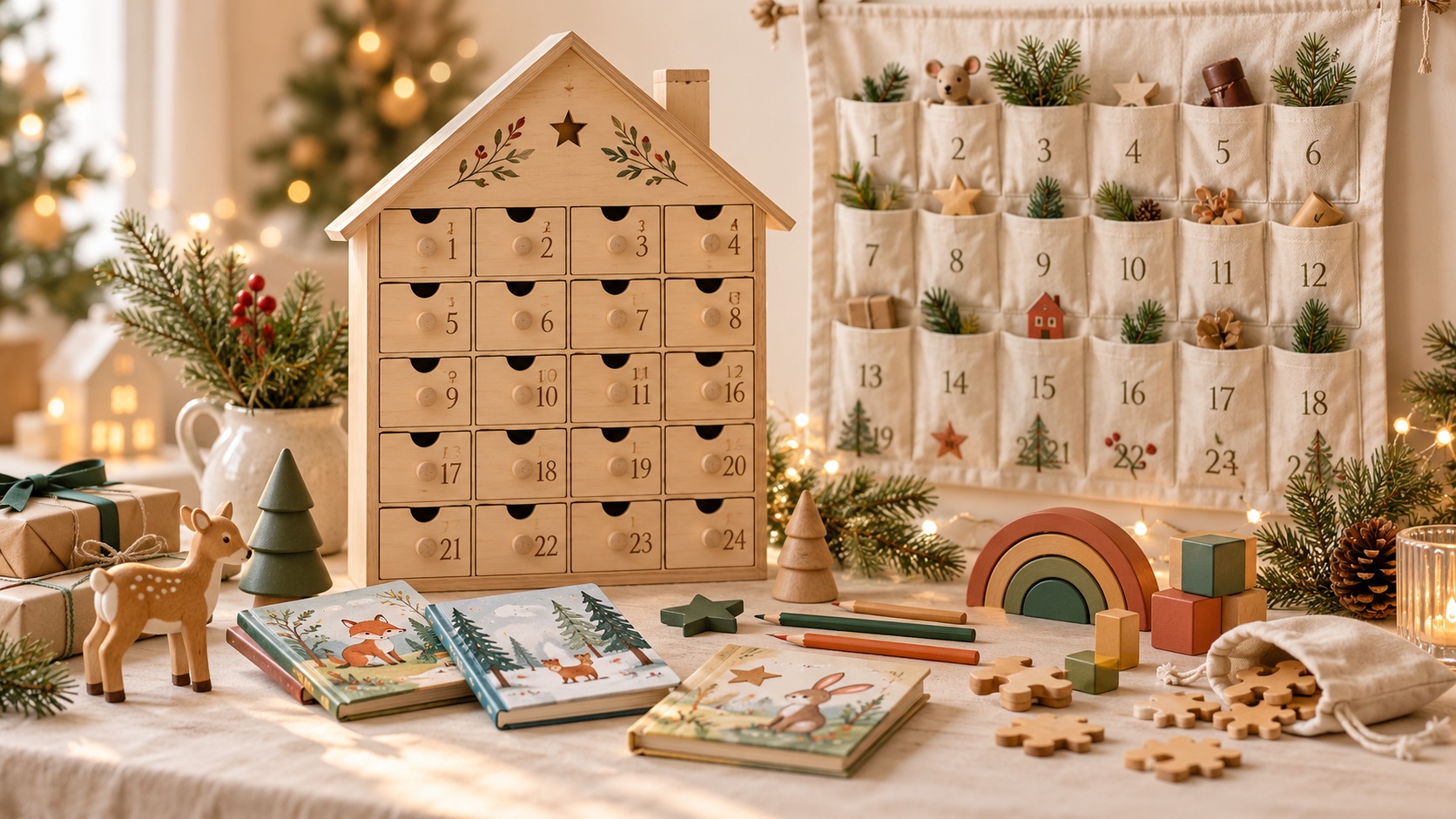 Wooden and fabric advent calendars with books, craft supplies and toys in a warm festive setting.