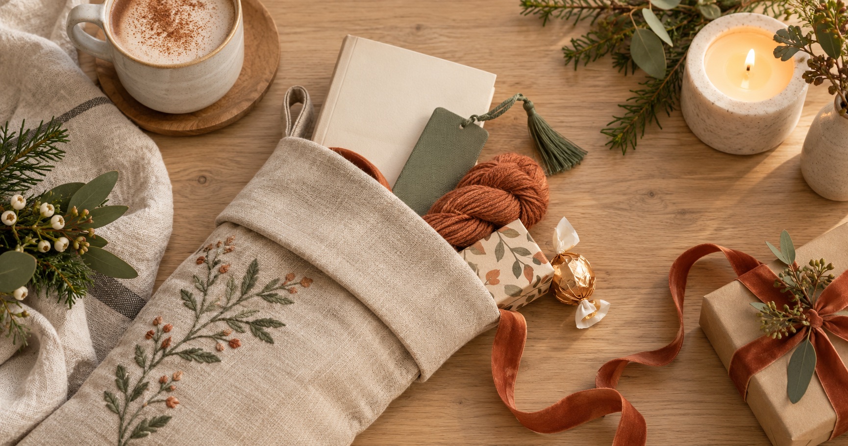 A linen Christmas stocking filled with a book, bookmark, yarn and small wrapped treats.