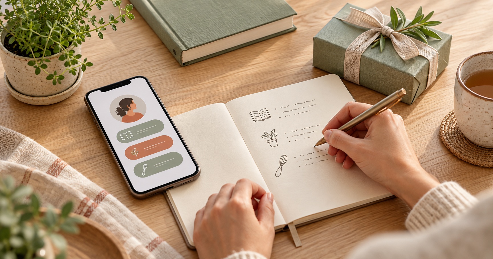 A person noting reading, gardening and cooking interests beside a phone and a sage-wrapped gift.