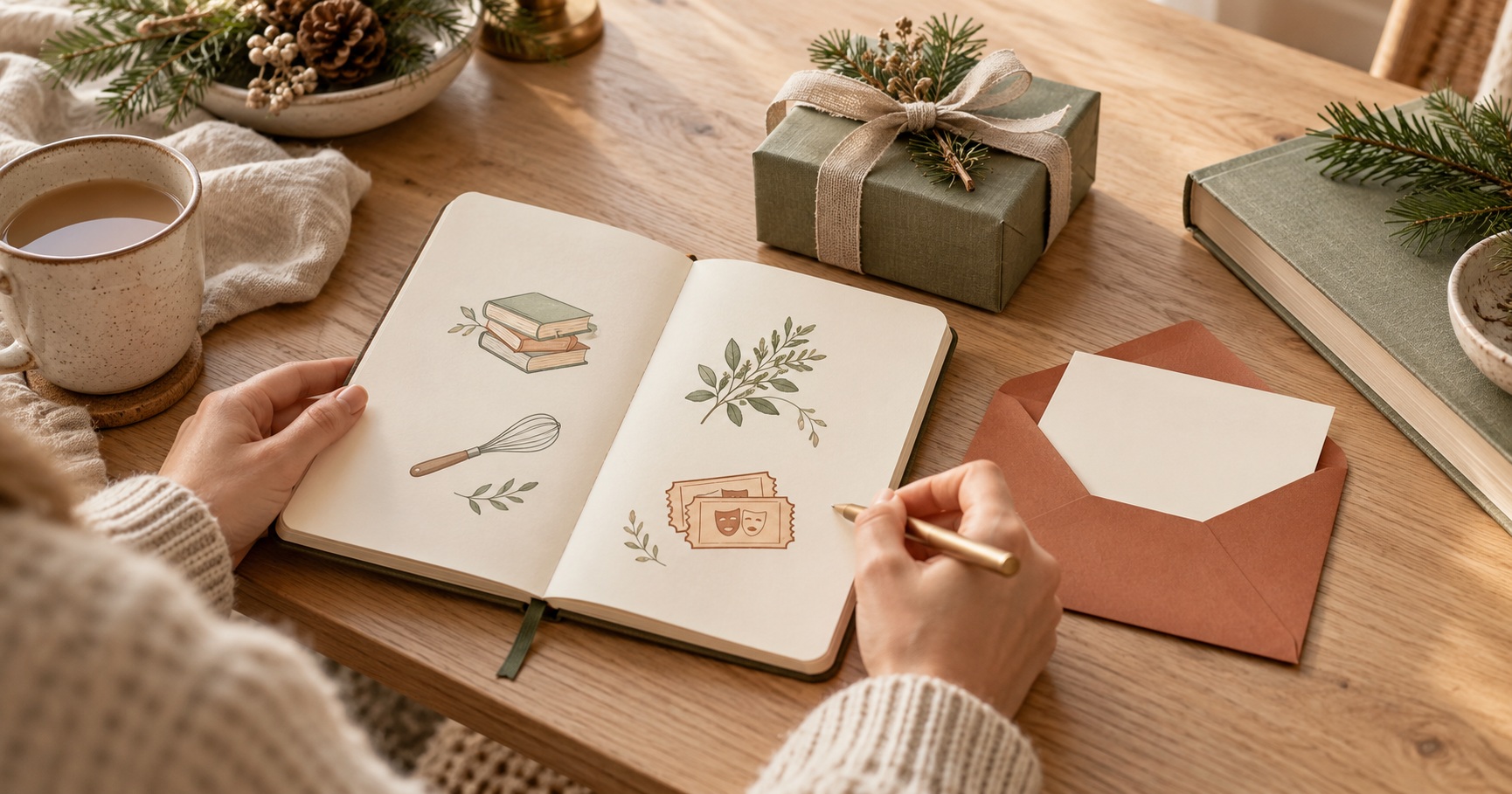 A notebook showing reading, gardening, cooking and theatre interests beside a wrapped gift.